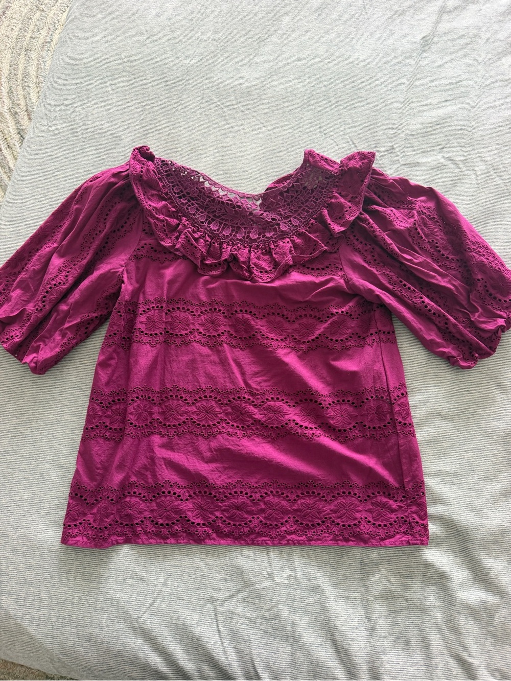 Sezane Fuchsia Lace-Trim Ruffle Neck Blouse